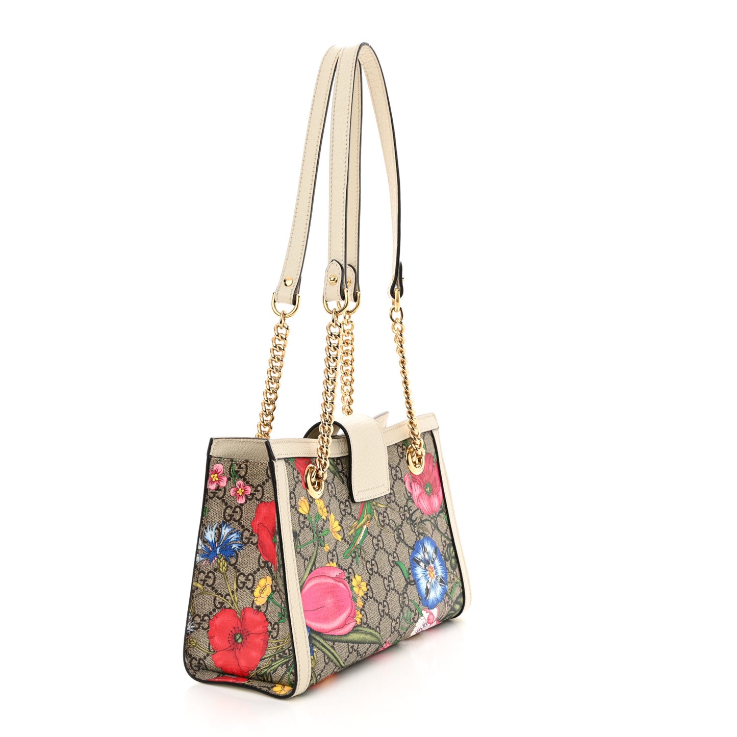 GG Supreme Monogram Flora Textured Calfskin Small Padlock Tote Beige Ebony Multicolor Mystic White