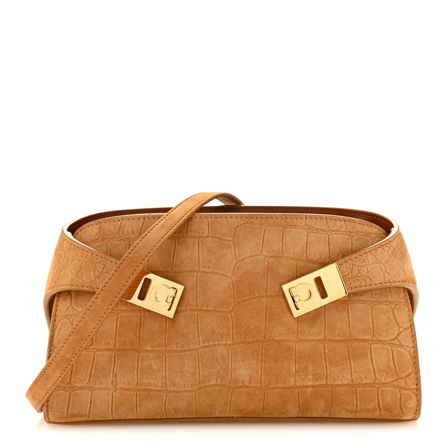 Salvatore Ferragamo Suede Alligator Embossed Mini Hug Crossbody Bag Natural Brown 1 of 10