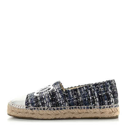 Chanel Metallic Tweed Lambskin CC Espadrilles 37 Blue Black Silver 1 of 7