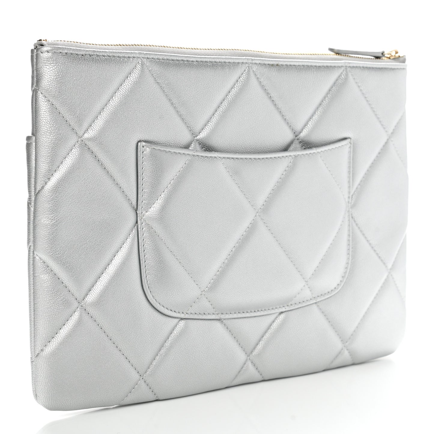 Metallic Lambskin Quilted Chanel 19 Pouch Silver