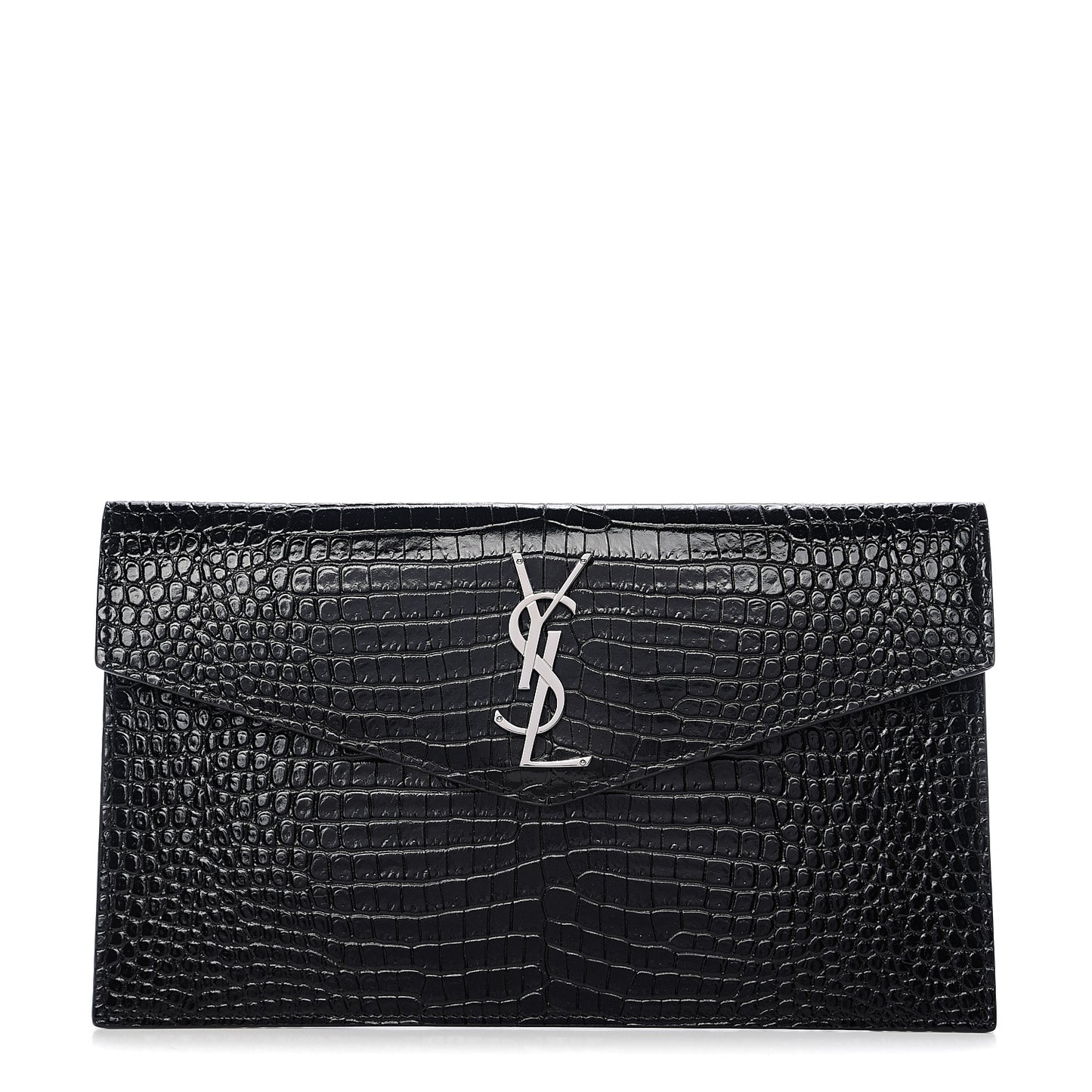 Calfskin Crocodile Embossed Uptown Monogram Clutch Black