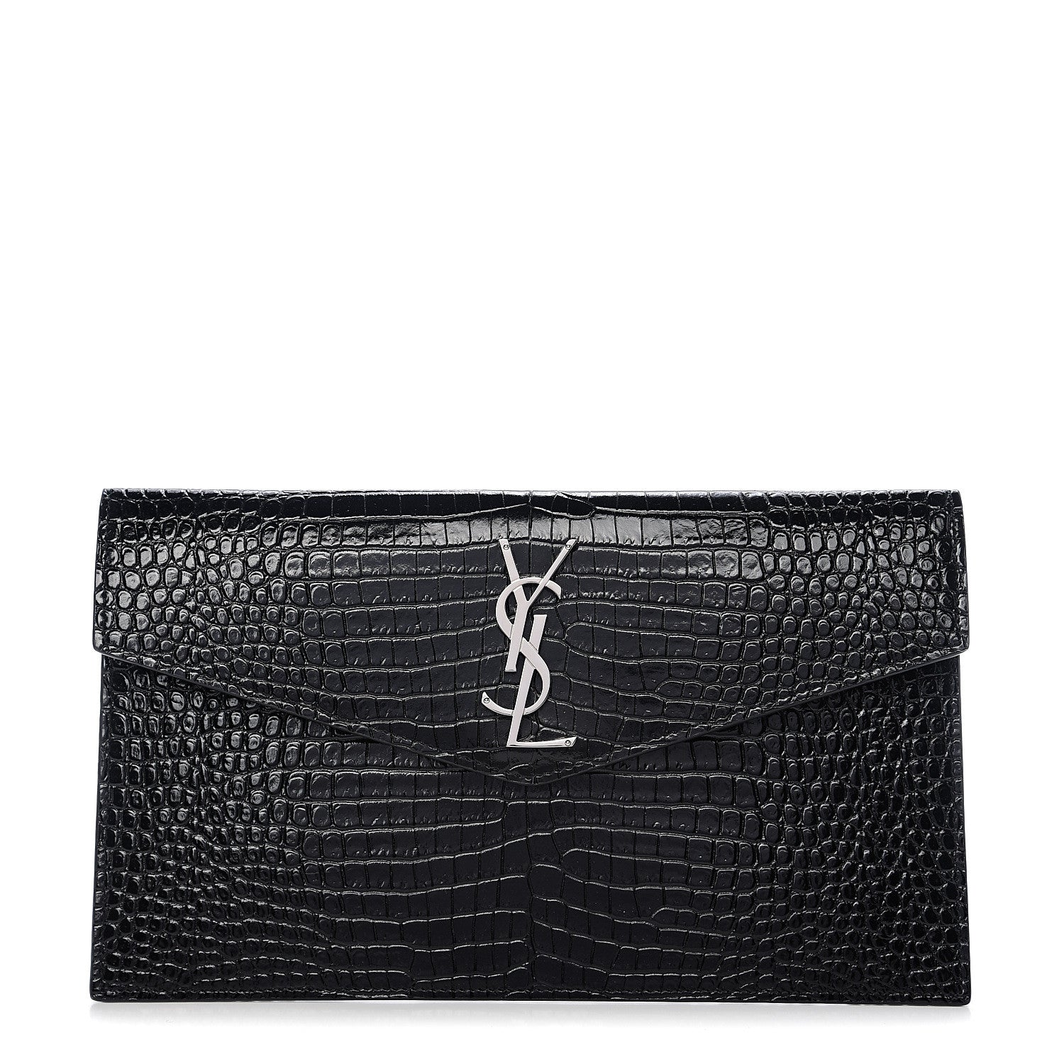 Saint Laurent Calfskin Crocodile Embossed Uptown Monogram Clutch Black 1 of 6