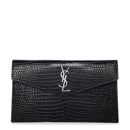 Saint Laurent Calfskin Crocodile Embossed Uptown Monogram Clutch Black 1 of 6