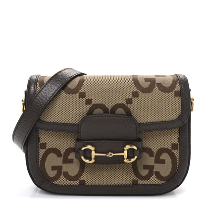 Gucci Monogram Jumbo GG Textured Dollar Calfskin Web Mini Horsebit 1955 Shoulder Bag Camel Ebony New Acero 1 of 10