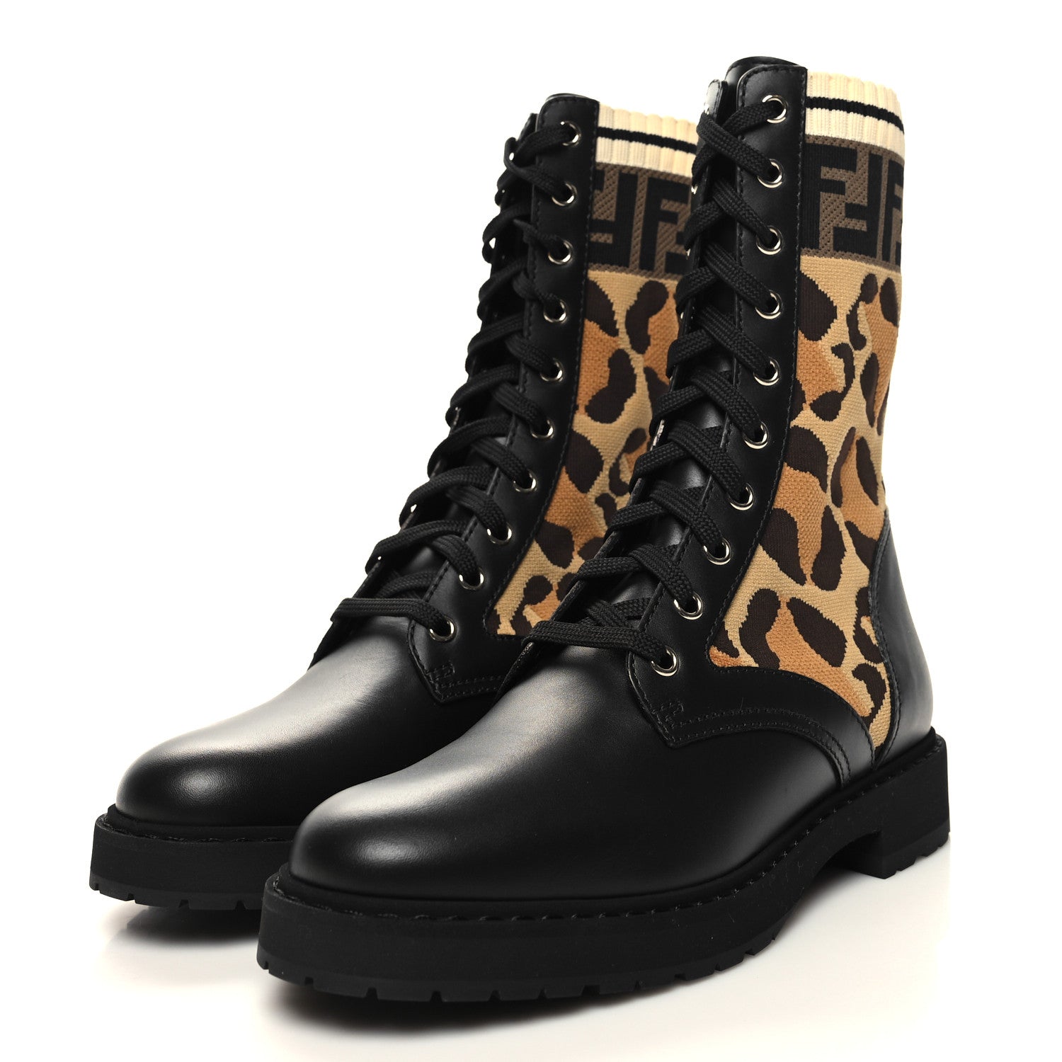 Fendi Calfskin Stretch Fabric FF Leopard Rockoko Biker Boots 38 Black 3 of 7