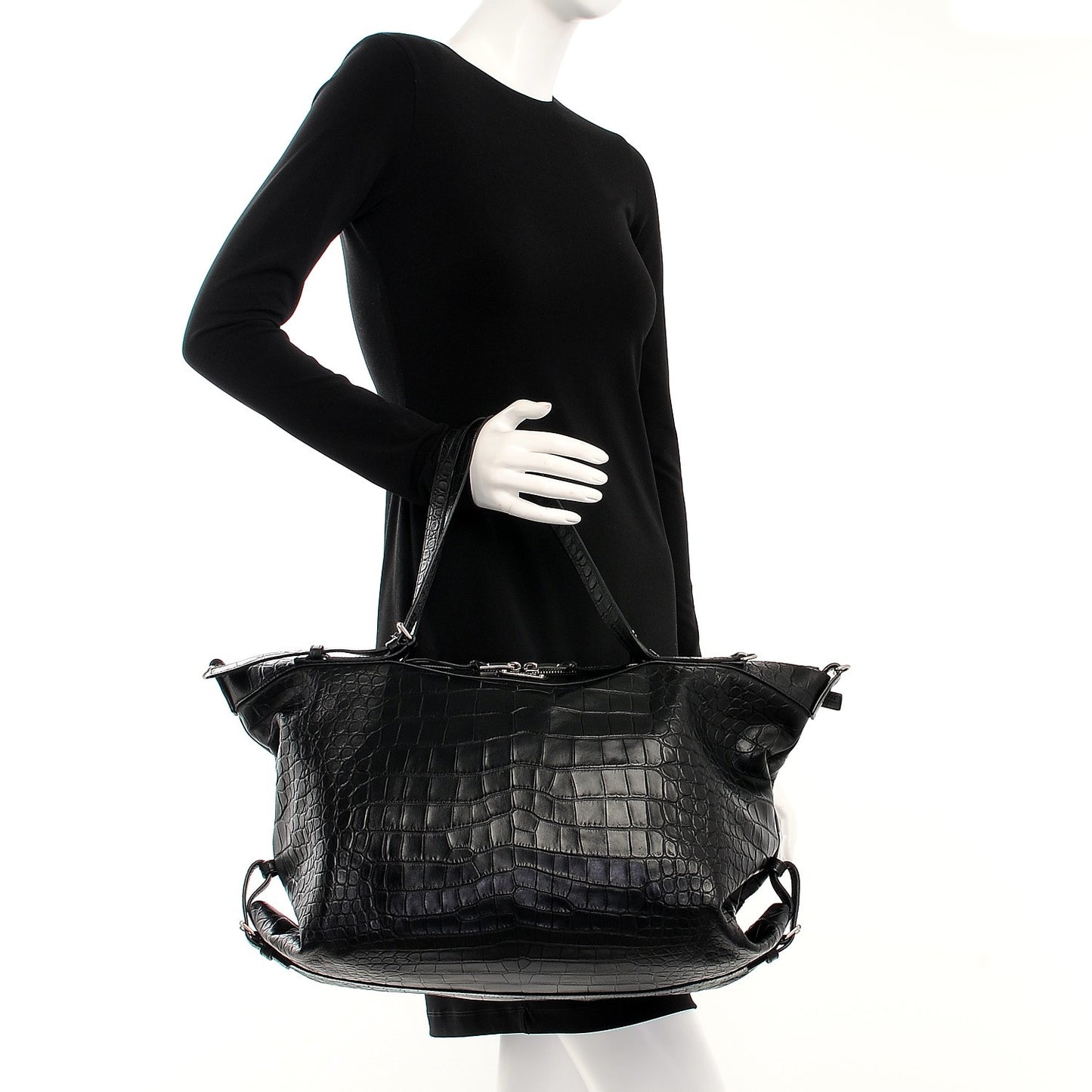 Calfskin Crocodile Embossed Large Convertible ID Bag Black
