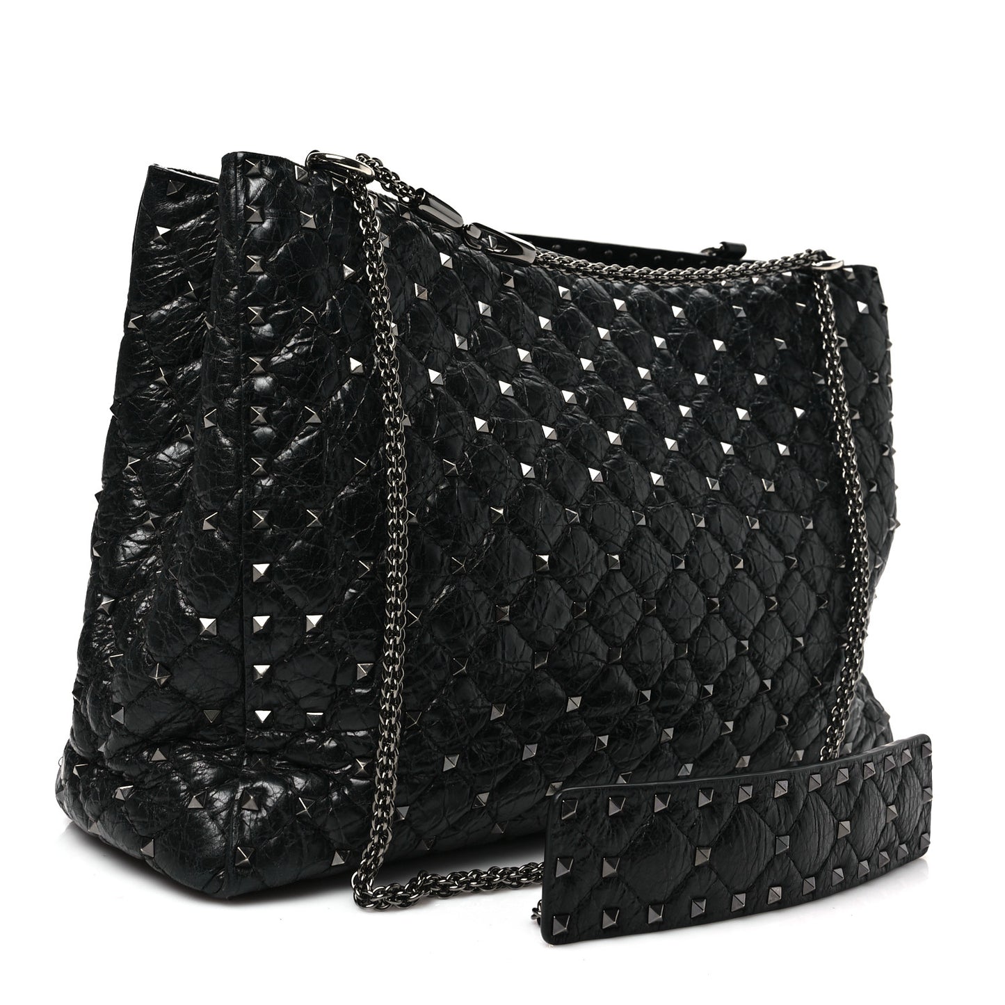 Craquele Nappa Rockstud Spike Shoulder Tote Black