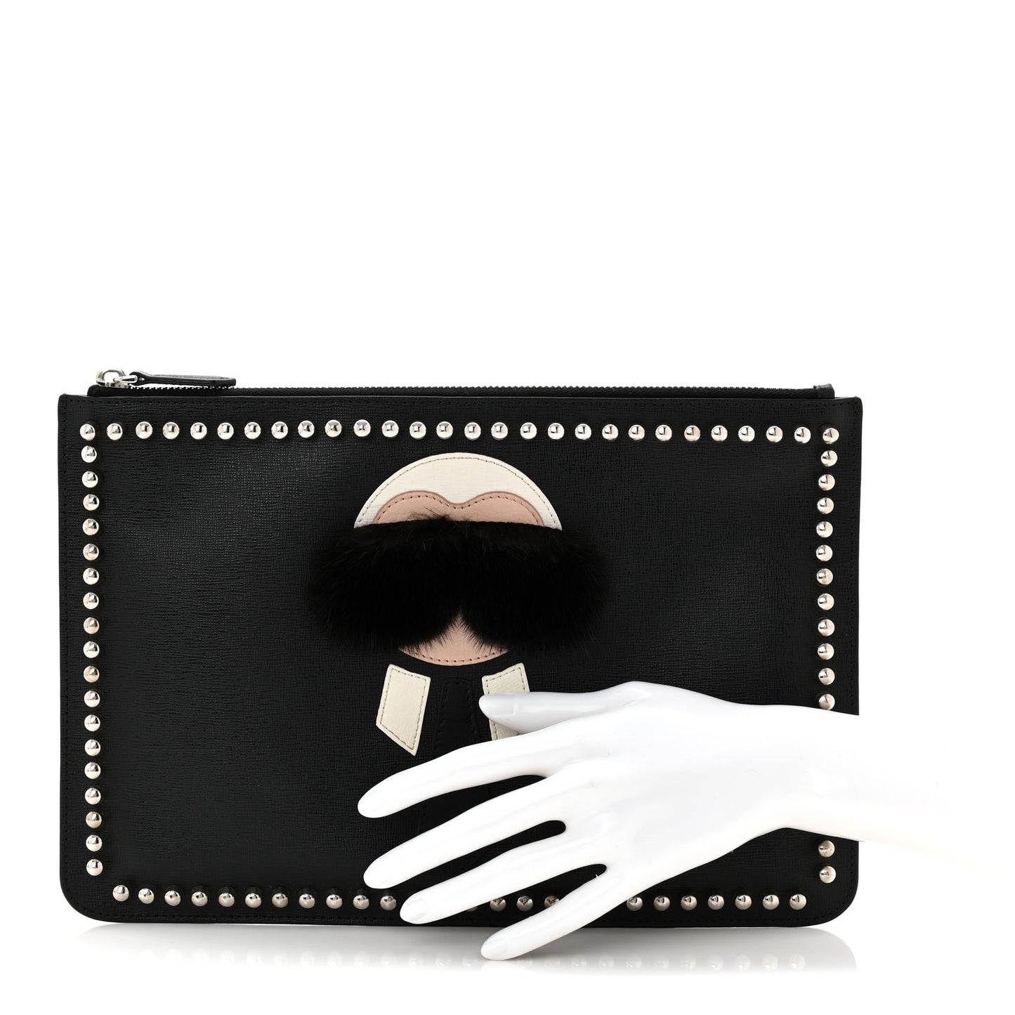 Vitello Elite Mink Fur Studded Karlito Zip Around Pouch Black