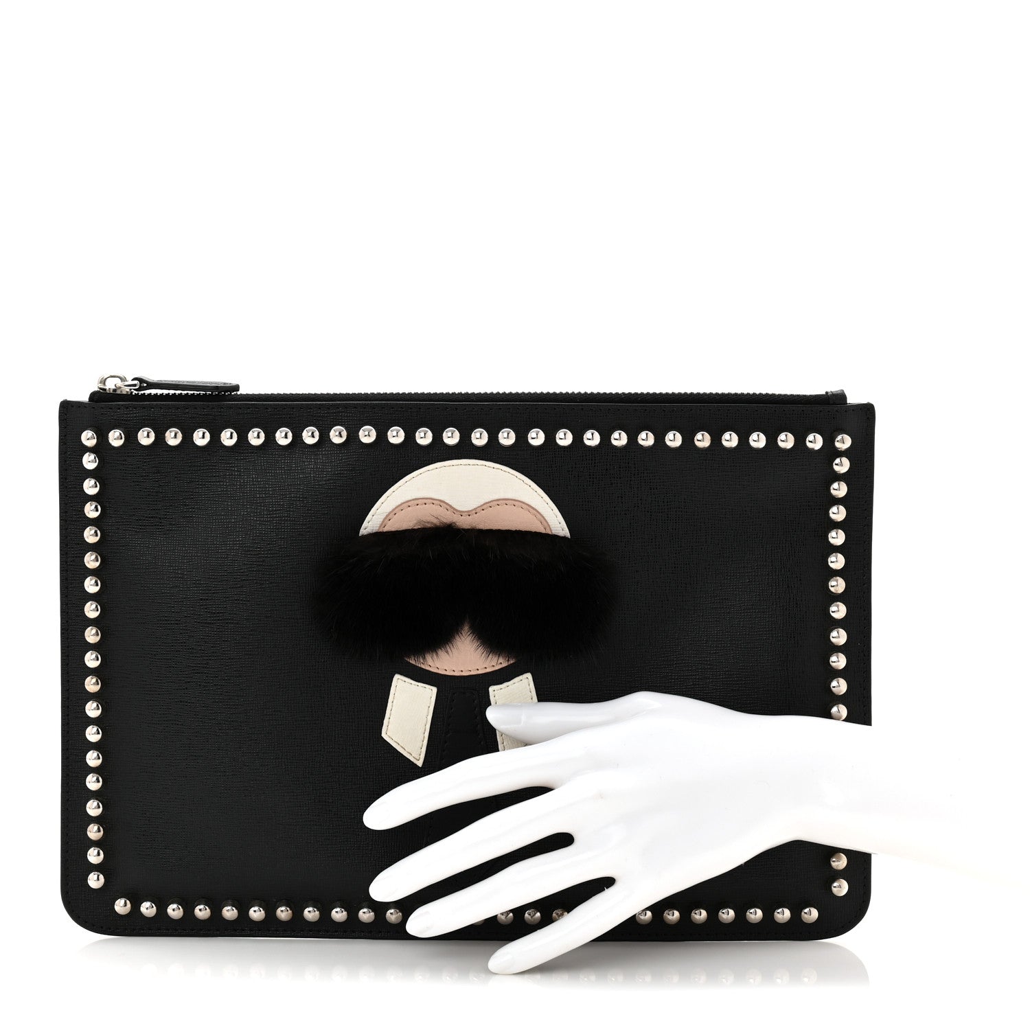 Fendi Vitello Elite Mink Fur Studded Karlito Zip Around Pouch Black 2 of 7