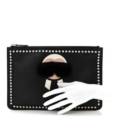 Fendi Vitello Elite Mink Fur Studded Karlito Zip Around Pouch Black 2 of 7