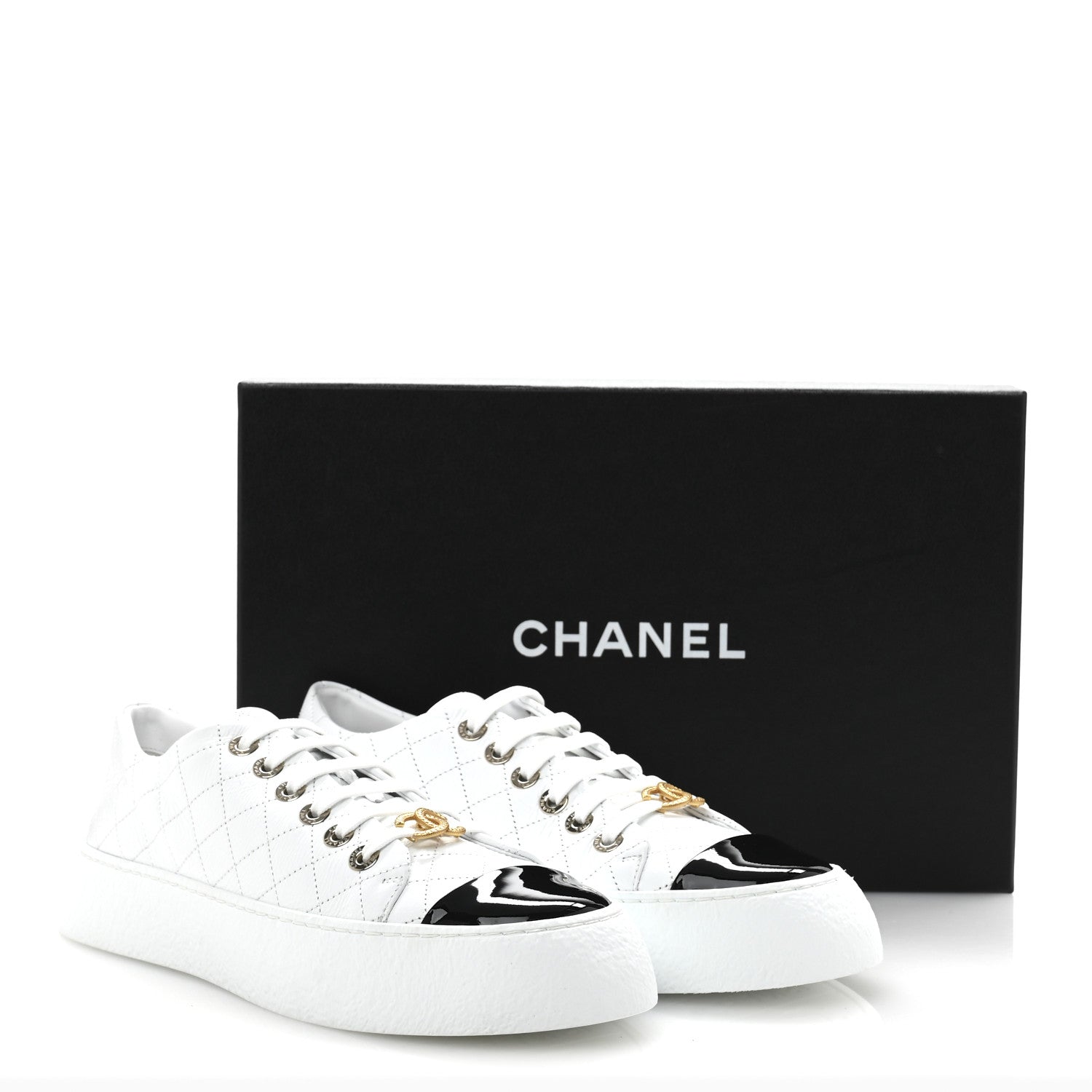 Chanel Crumpled Lambskin Patent Cap Toe CC Stitched Sneakers 41 White Black 10 of 10
