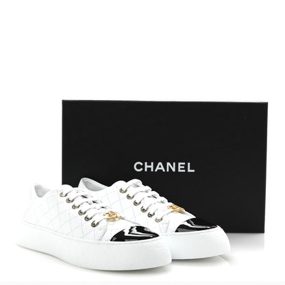 Chanel Crumpled Lambskin Patent Cap Toe CC Stitched Sneakers 41 White Black 10 of 10