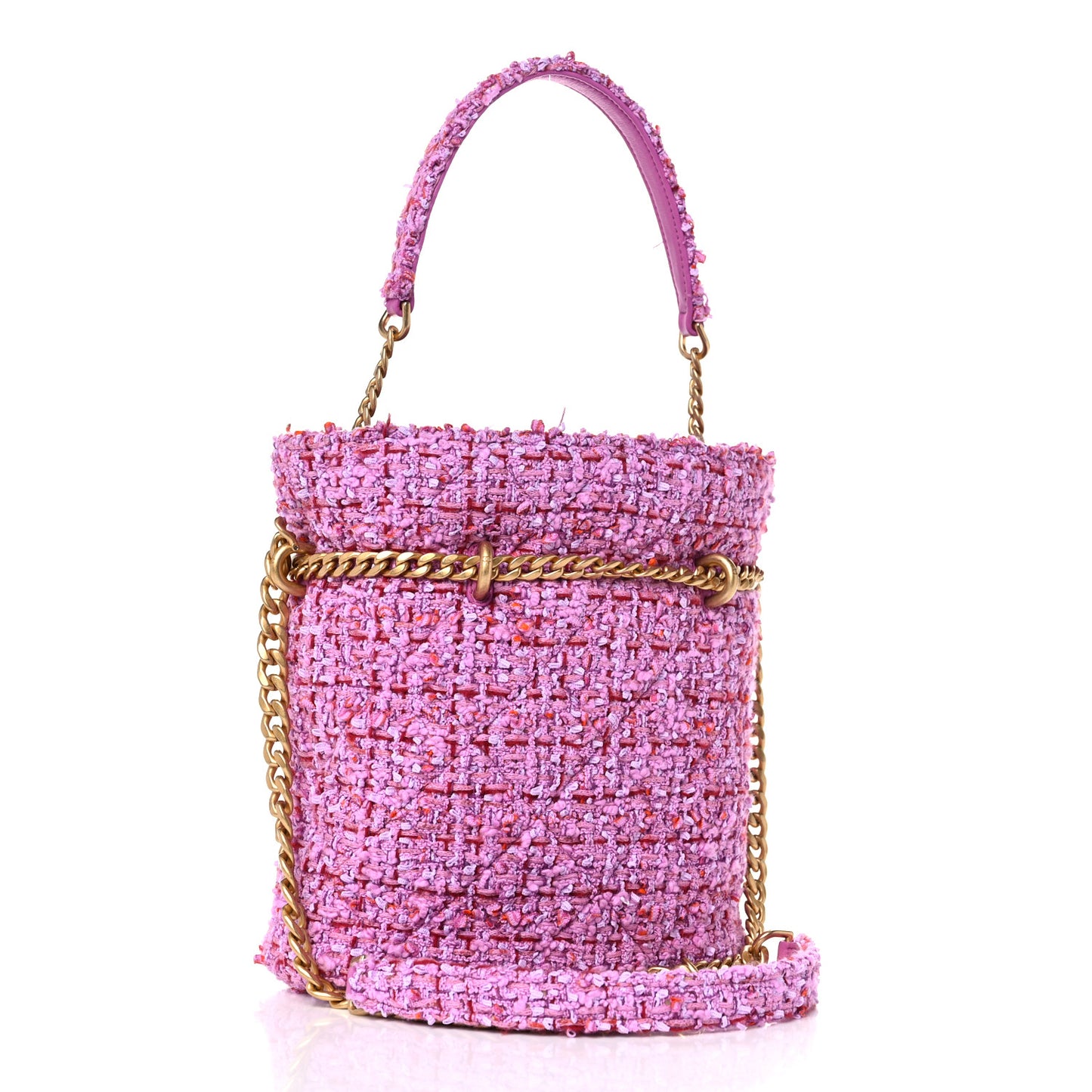 Tweed Enamel Quilted Pending CC Bucket Drawstring Bag Light Purple Pink Red