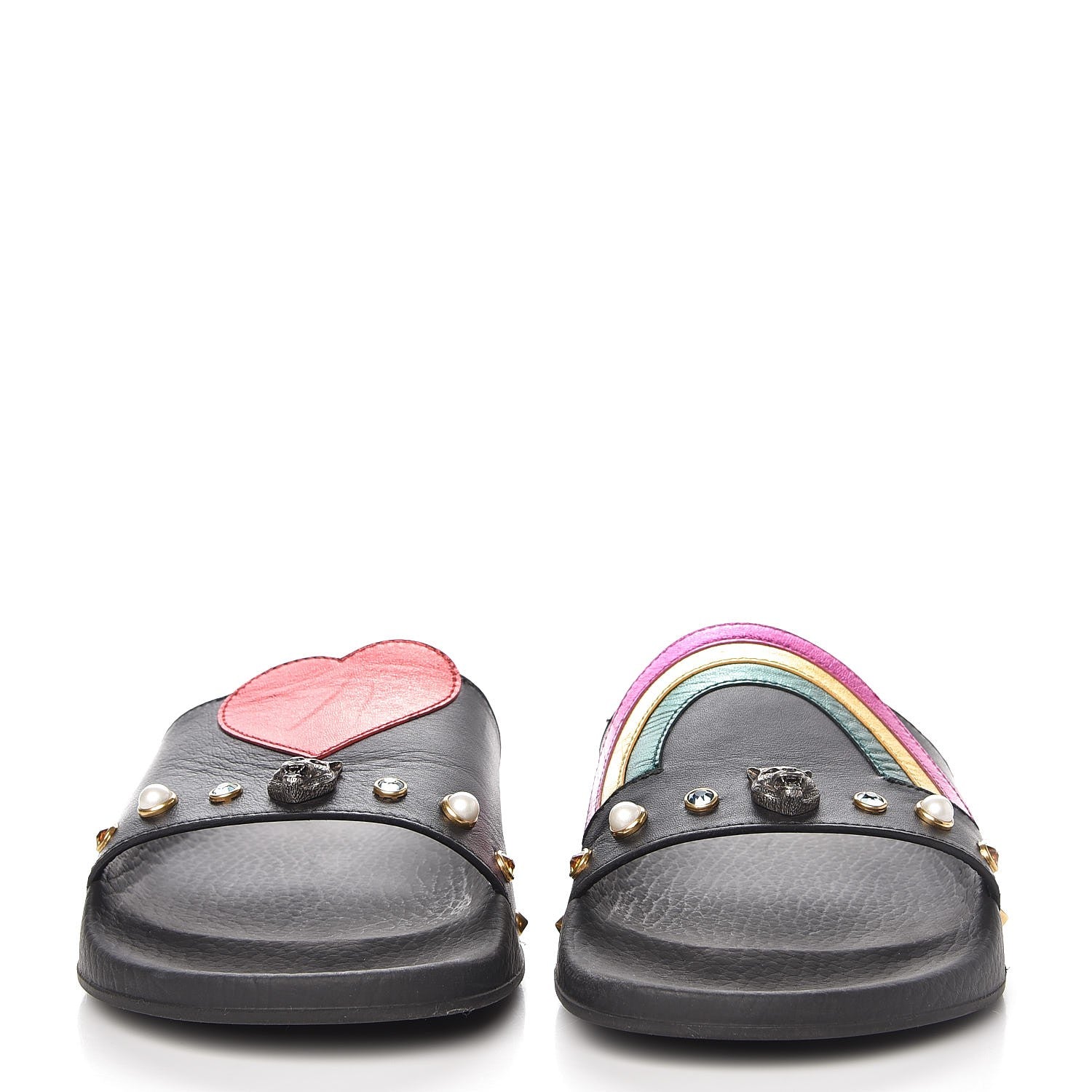 Gucci Calfskin Rainbow Heart Pursuit Slide Sandals 39 Black 2 of 10