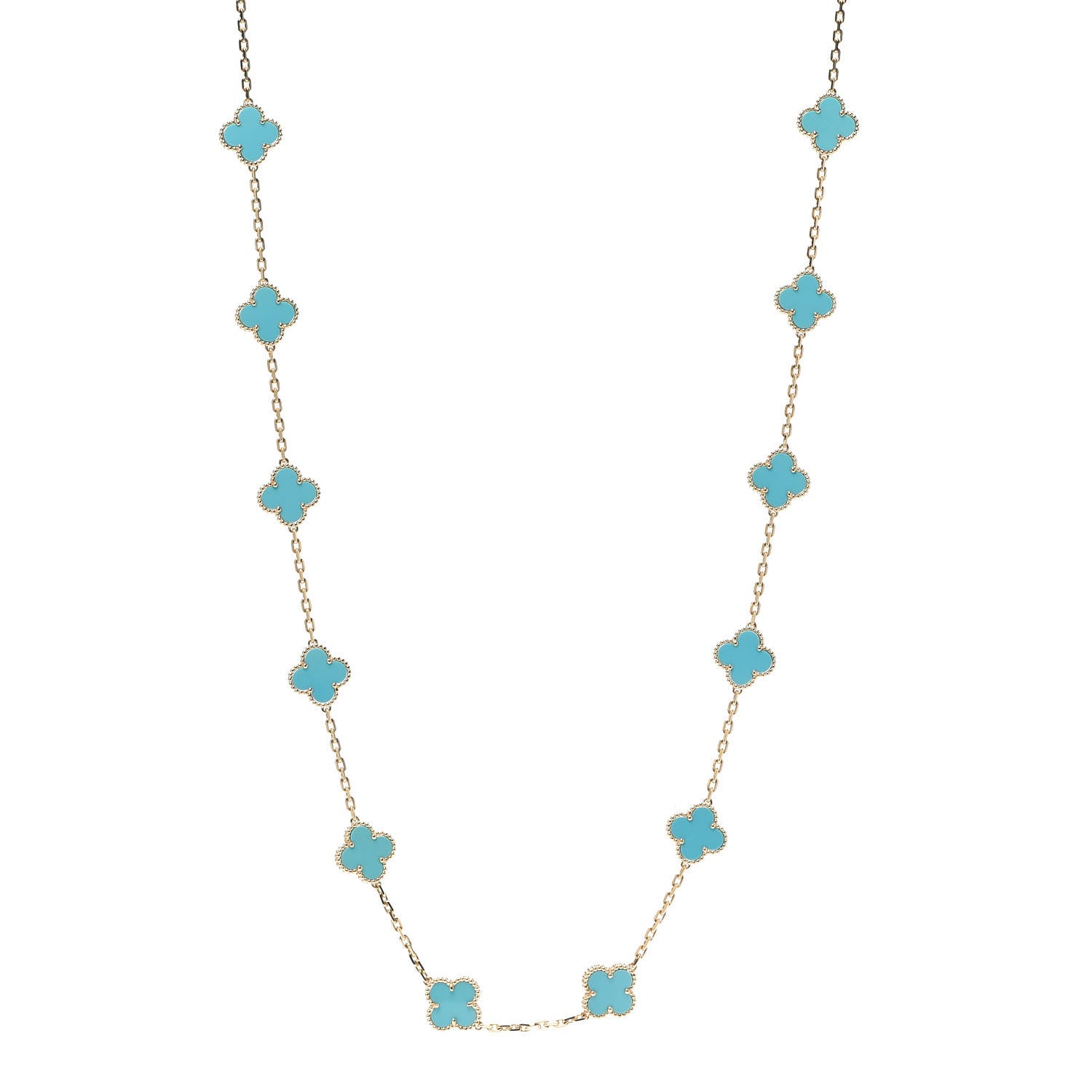 Van Cleef & Arpels 18K Yellow Gold Turquoise 20 Motifs Vintage Alhambra Necklace 1 of 8