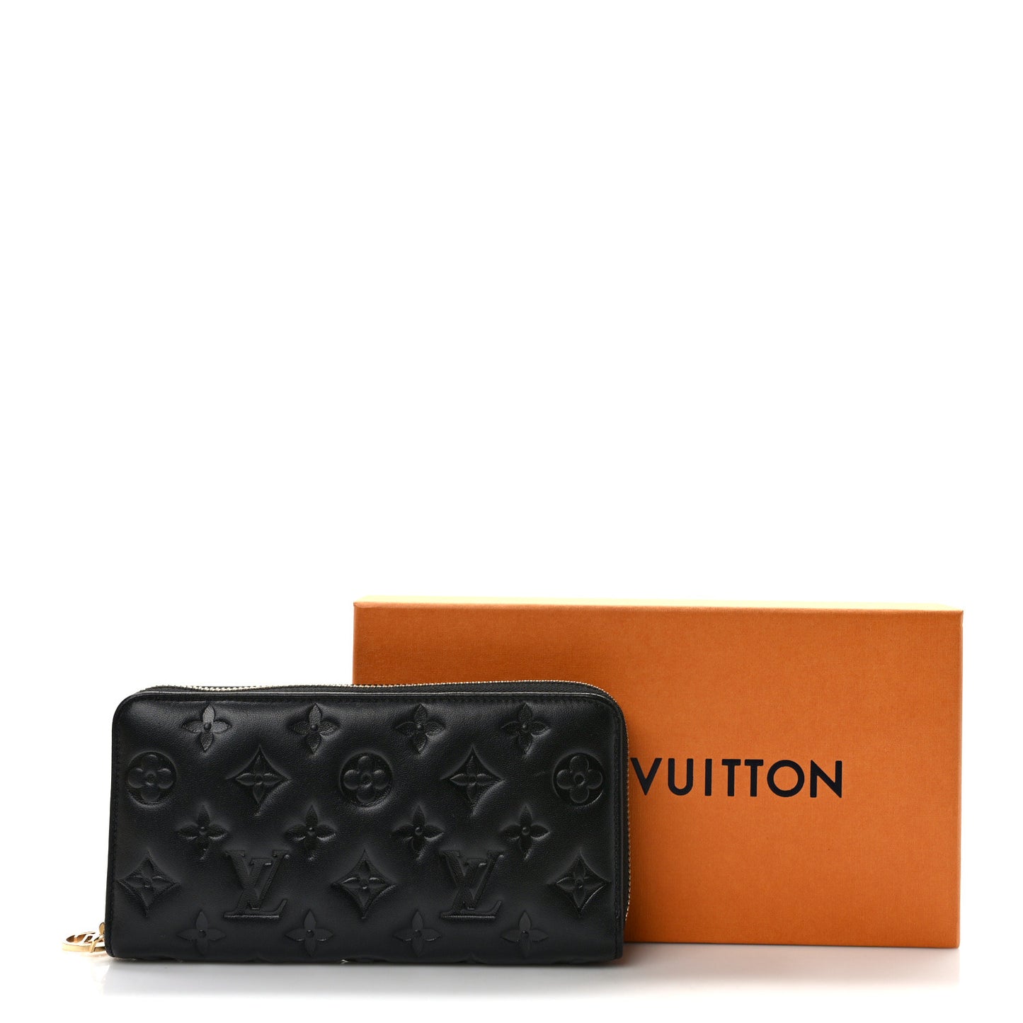 Lambskin Embossed Monogram Coussin Zippy Wallet Black