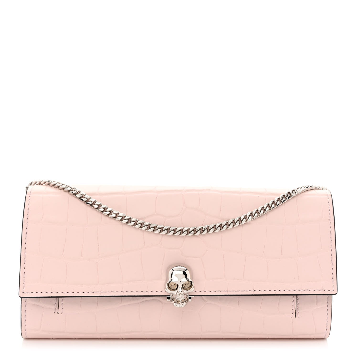 Alexander McQueen Calfskin Crocodile Embossed Skull Wallet on Chain Baby Pink 1 of 10