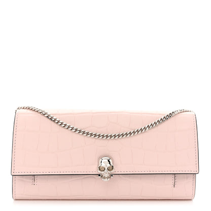Alexander McQueen Calfskin Crocodile Embossed Skull Wallet on Chain Baby Pink 1 of 10