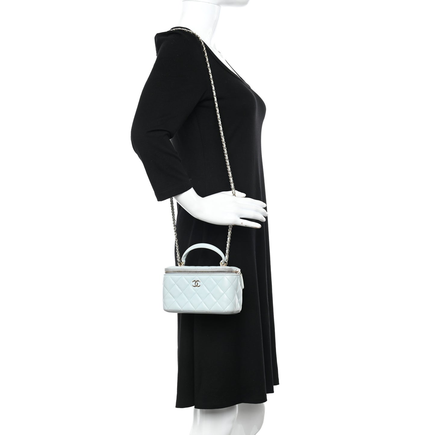 Lambskin Quilted Small Top Handle Vanity Case With Chain Light Blue
