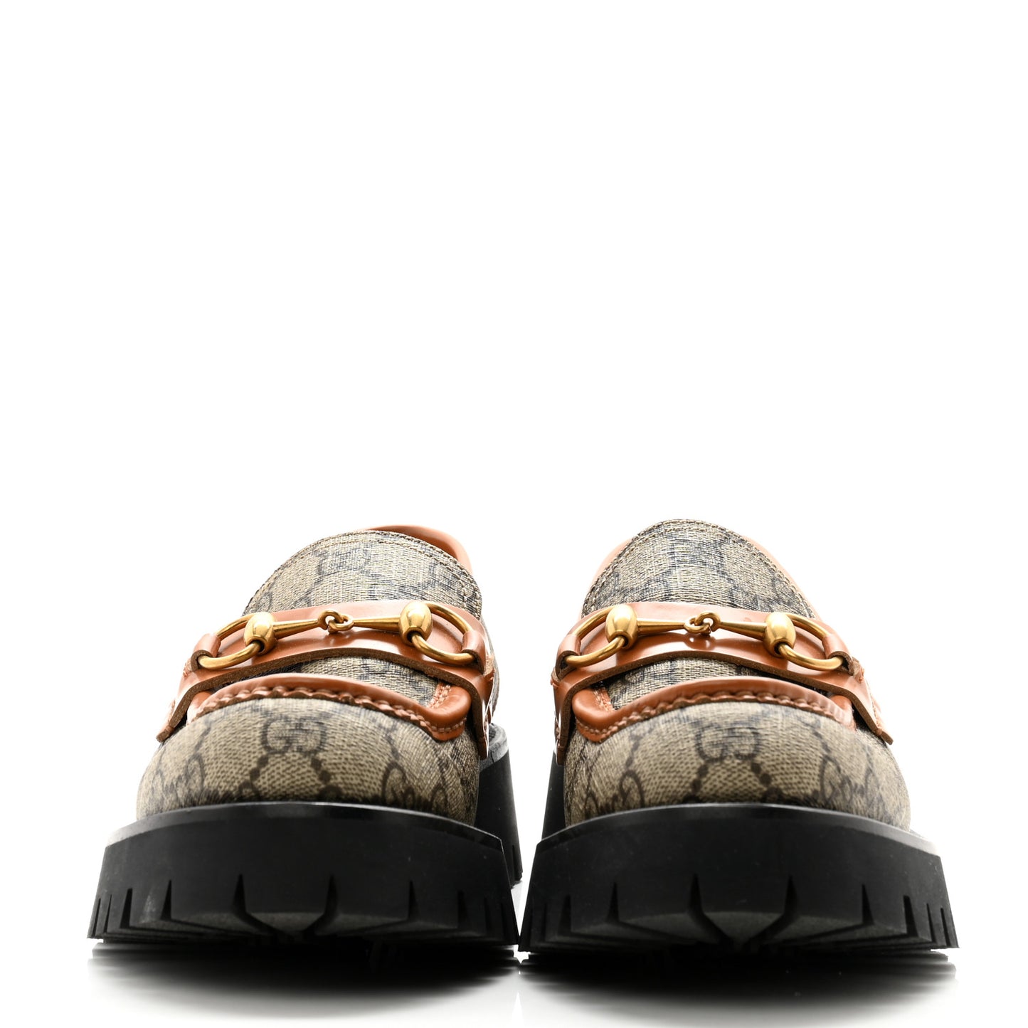 GG Supreme Monogram Cordovan Lux Womens Harald Horsebit 25mm Platform Loafers 37.5 Beige Ebony