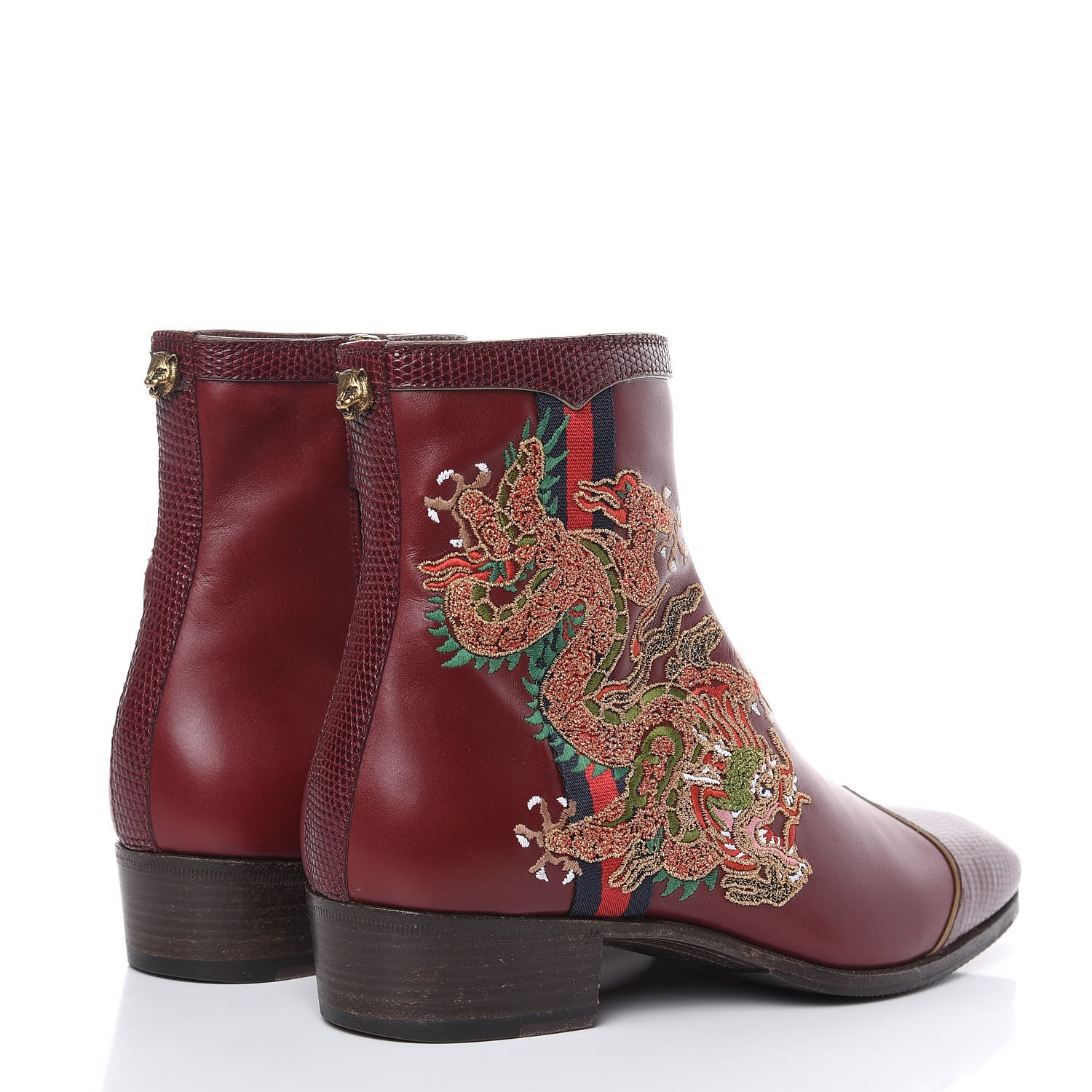 Gucci Calfskin Malaga Kid Lizard Web Dragon Embroidered Ankle Boots 38.5 Burgundy 4 of 10