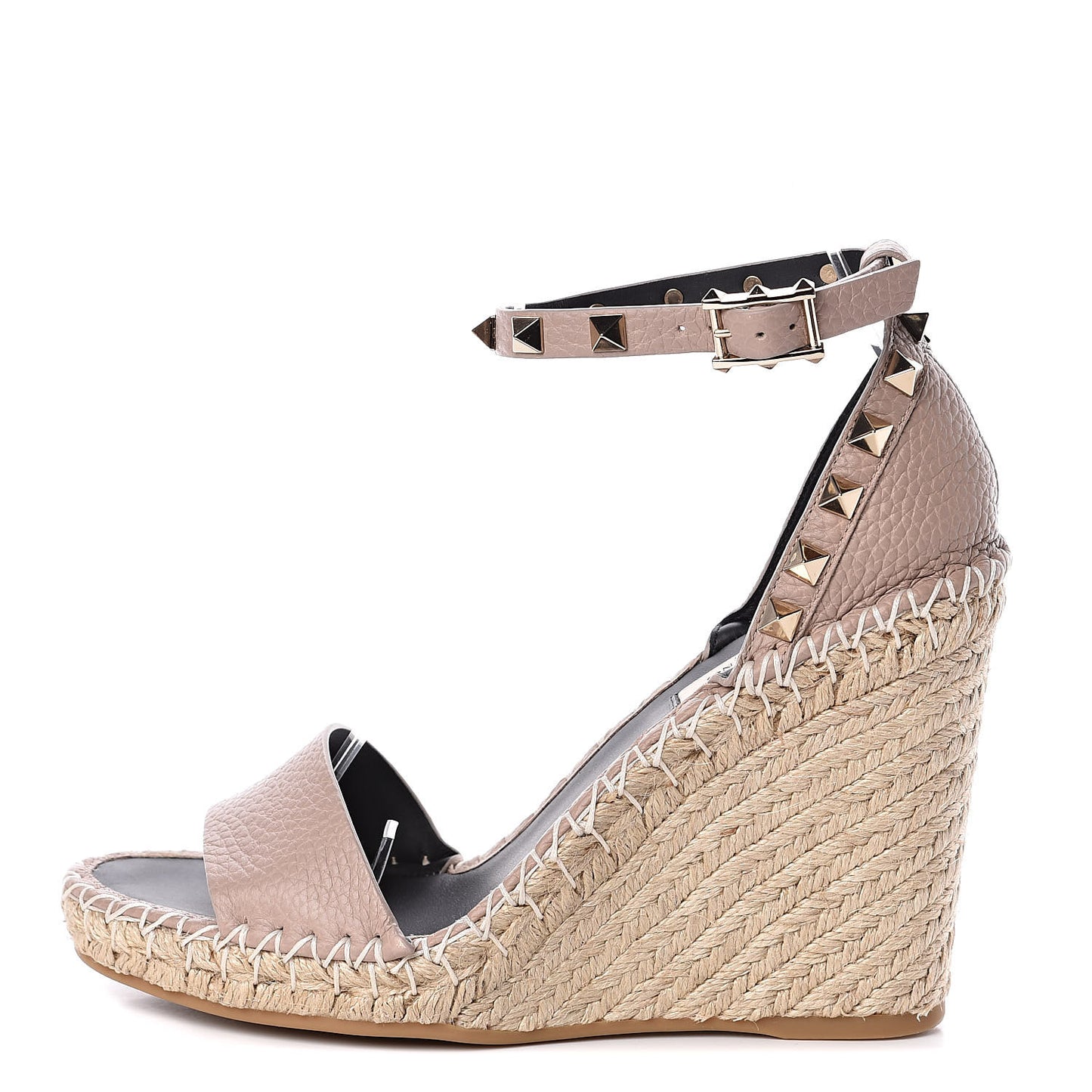 Grained Calfskin Rockstud Ankle Strap Espadrille 15/105mm Wedge Sandals 36 Poudre Natural