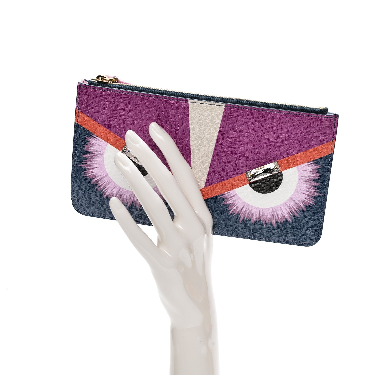 Fendi Vitello Elite Crystal Eye Monster Zip Pouch Cobalt Multicolor 2 of 7