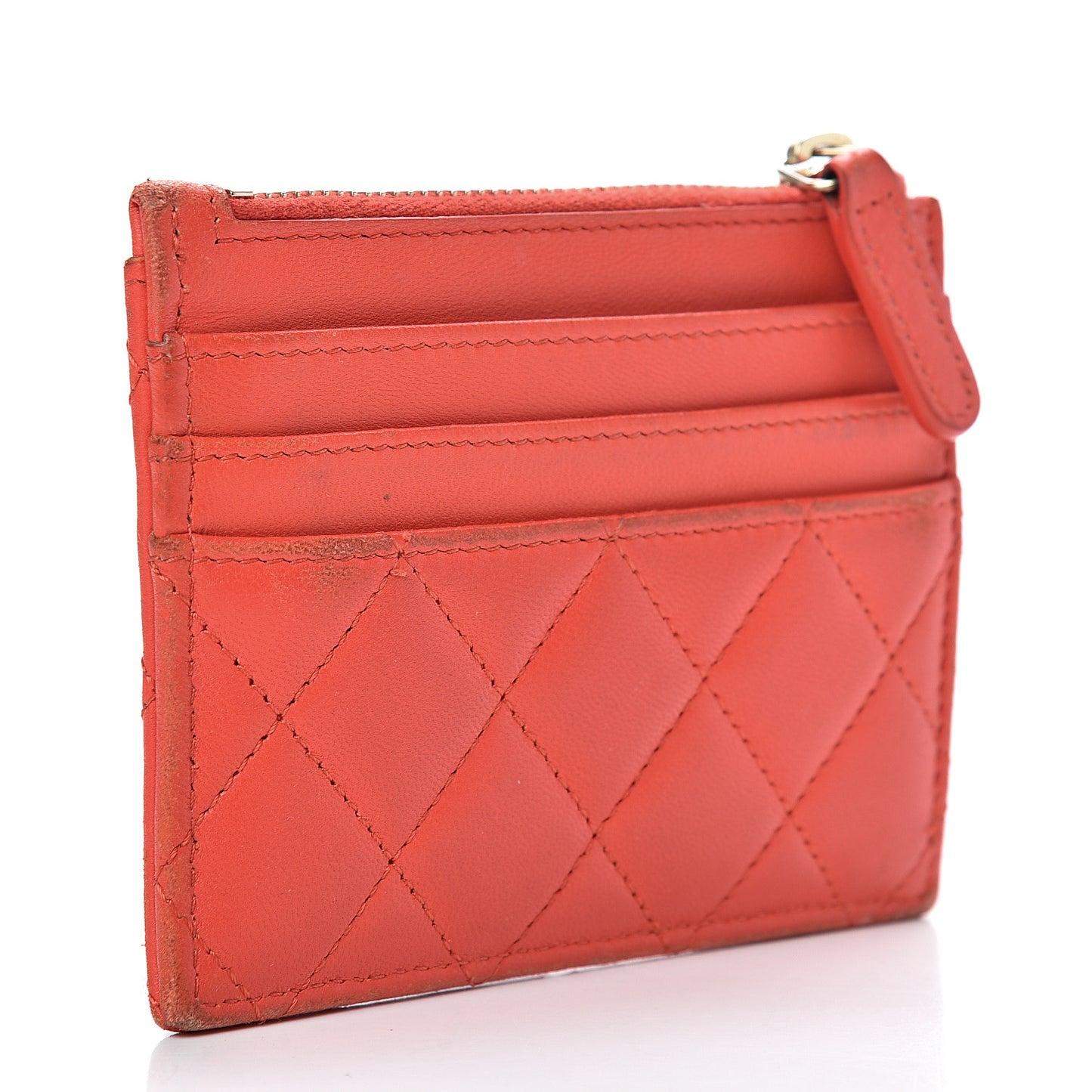 Lambskin Quilted Zip Card Holder Red