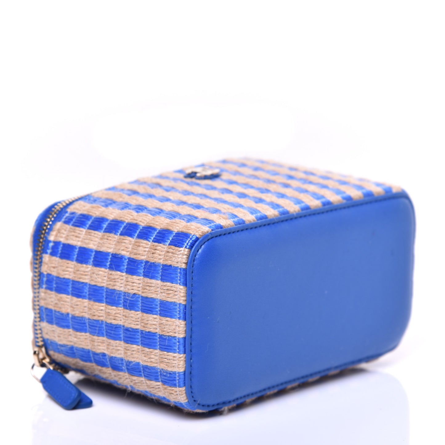 Raffia Jute Striped Small Vanity Case With Chain Blue Beige