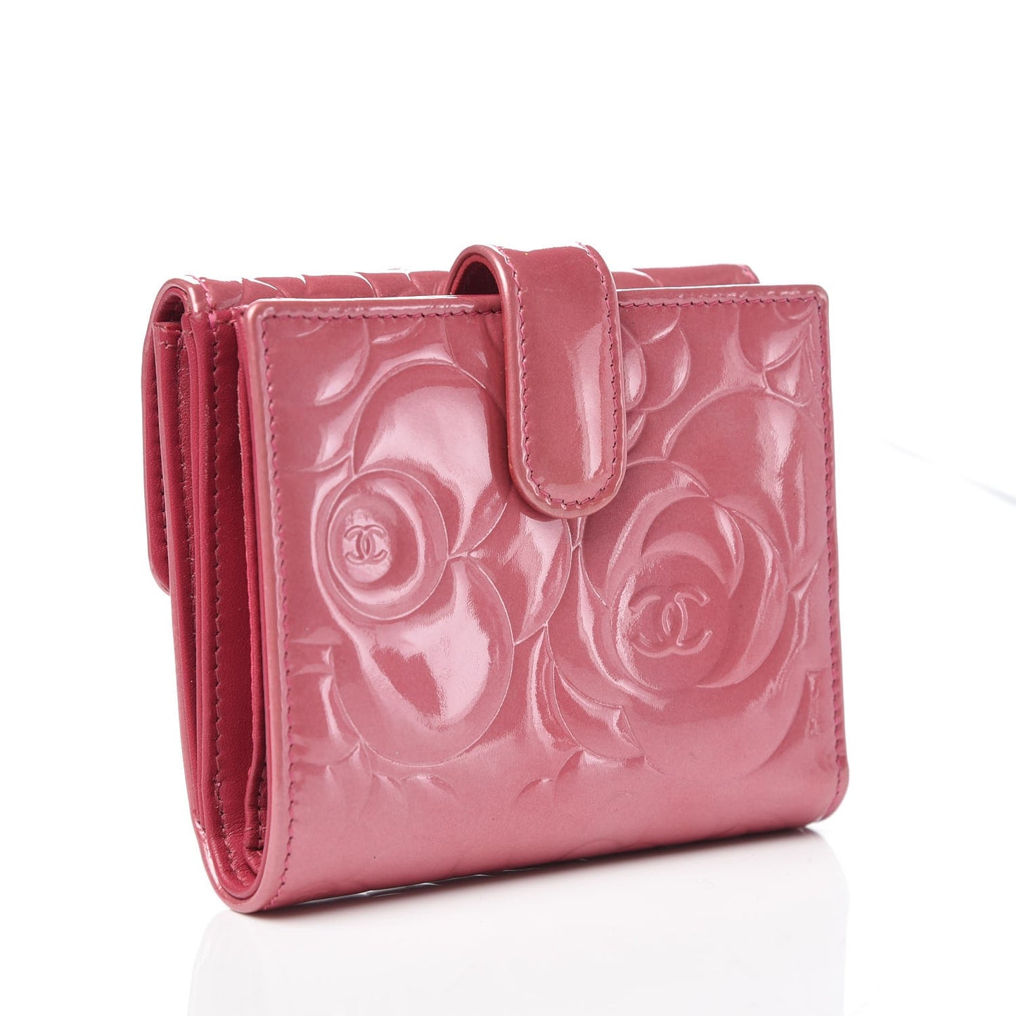 Patent Embossed Camellia French Wallet Pink