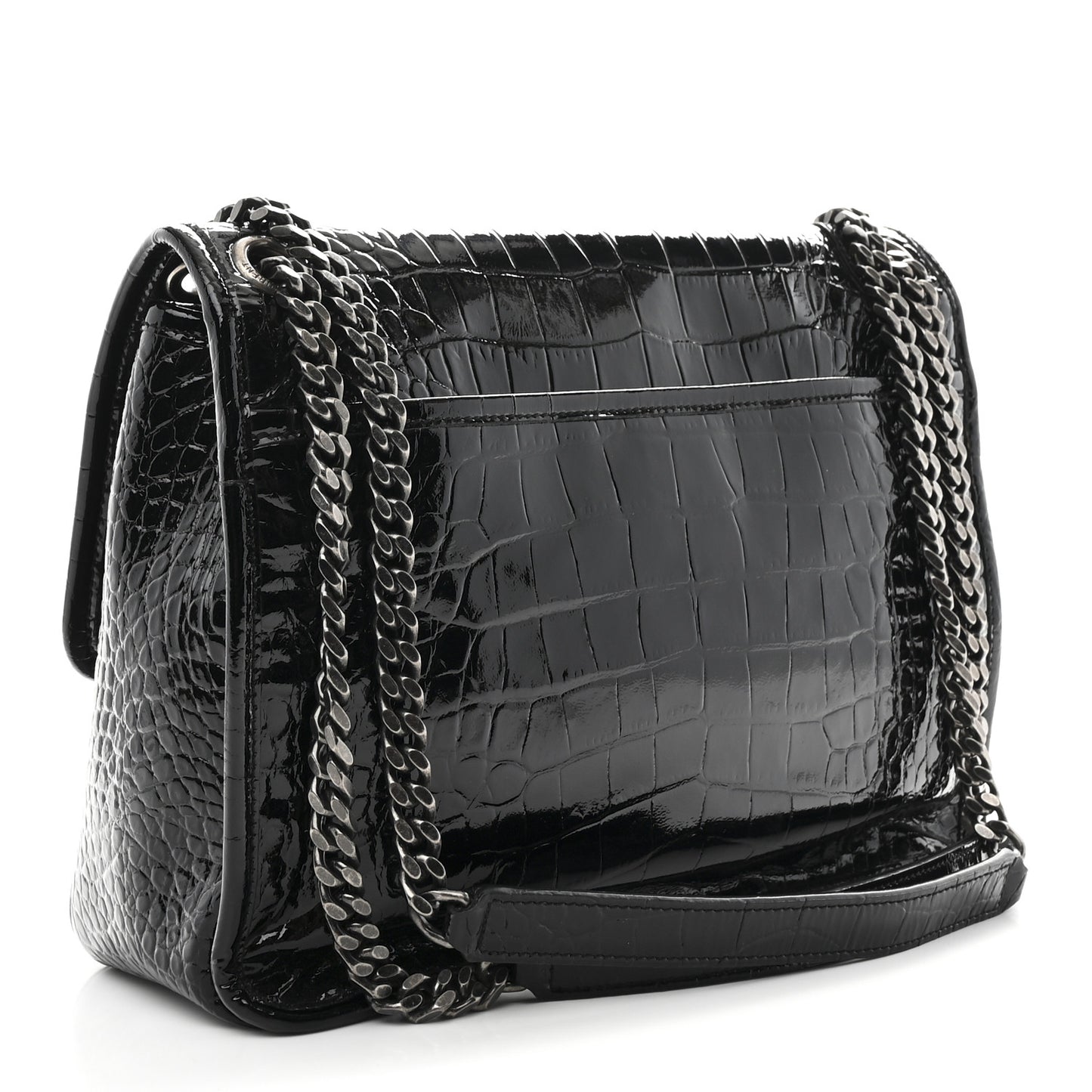 Patent Crocodile Embossed Lambskin Monogram Medium Niki Chain Satchel Black
