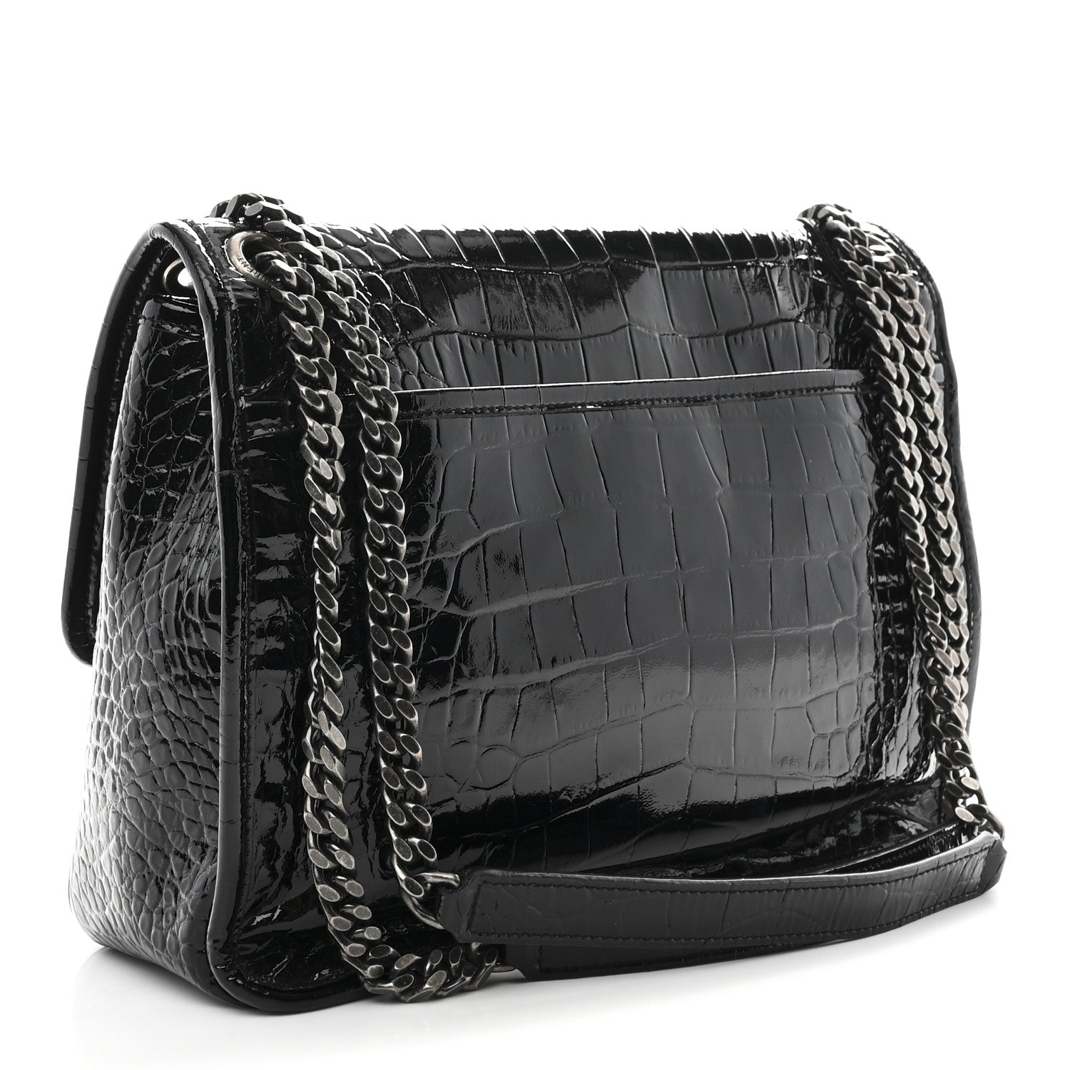 Saint Laurent Patent Crocodile Embossed Lambskin Monogram Medium Niki Chain Satchel Black 3 of 10