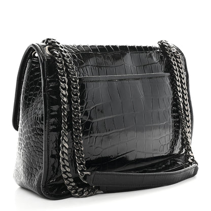 Saint Laurent Patent Crocodile Embossed Lambskin Monogram Medium Niki Chain Satchel Black 3 of 10