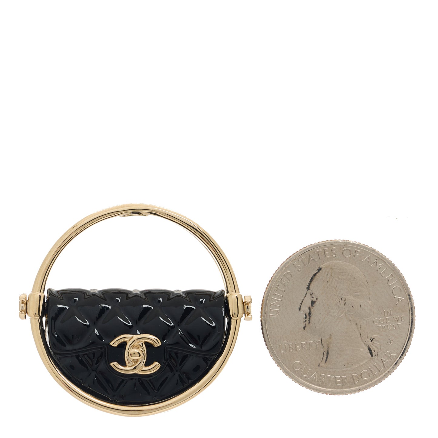 Metal Resin Quilted Flap Bag Hoop Brooch Black Gold