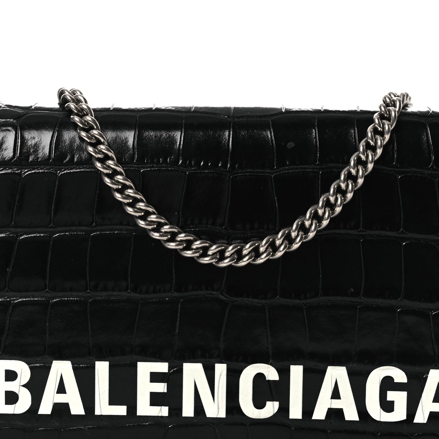 Shiny Calfskin Logo Crocodile Embossed Ville Wallet on Chain Black