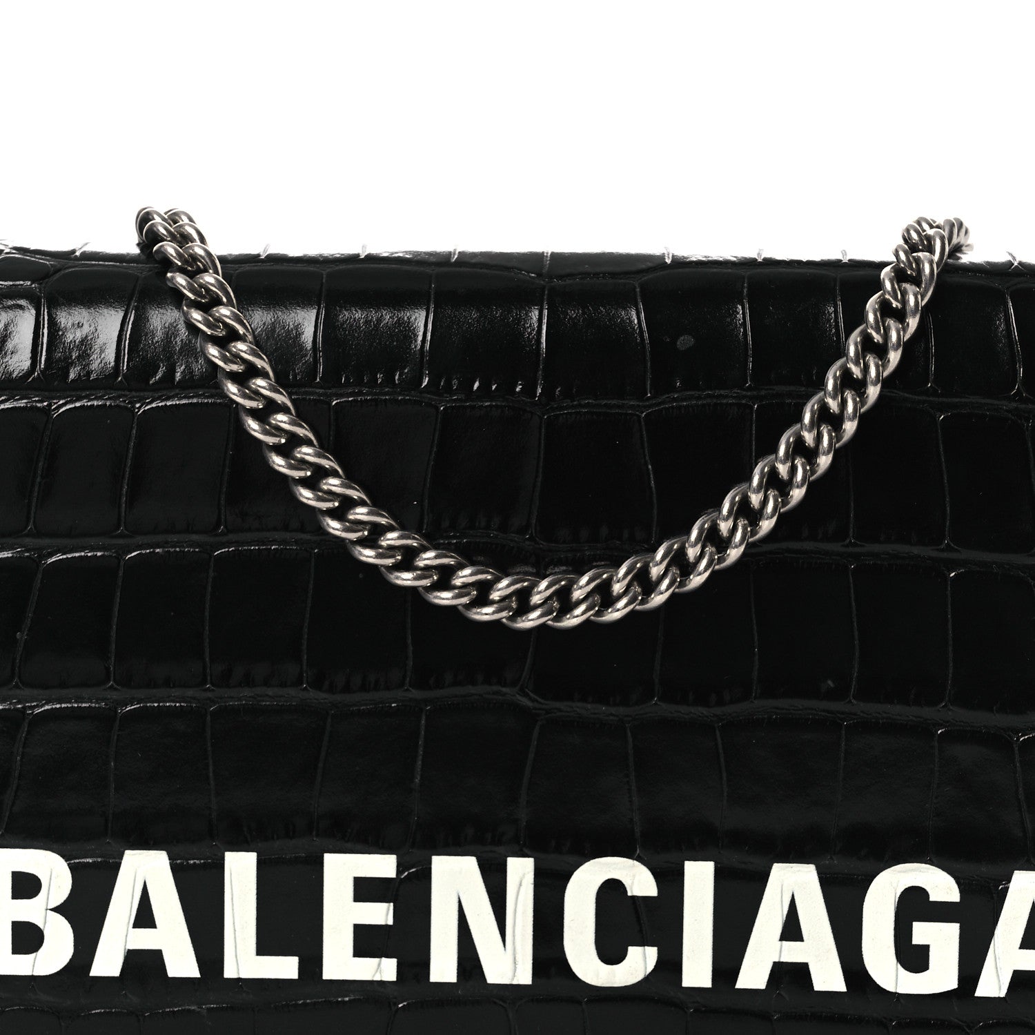 Balenciaga Shiny Calfskin Logo Crocodile Embossed Ville Wallet on Chain Black 7 of 13