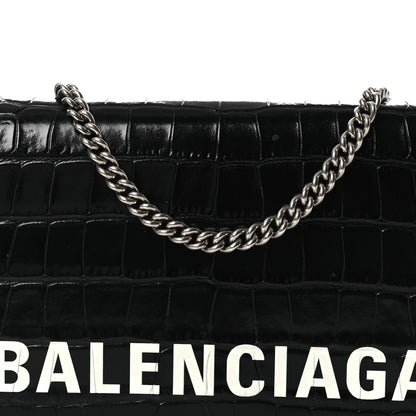 Balenciaga Shiny Calfskin Logo Crocodile Embossed Ville Wallet on Chain Black 7 of 13