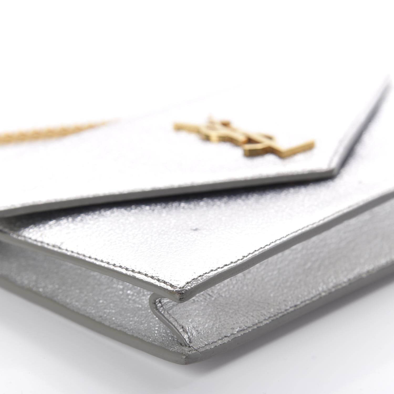 Saint Laurent Metallic Calfskin Monogram Envelope Chain Wallet Platine 6 of 12
