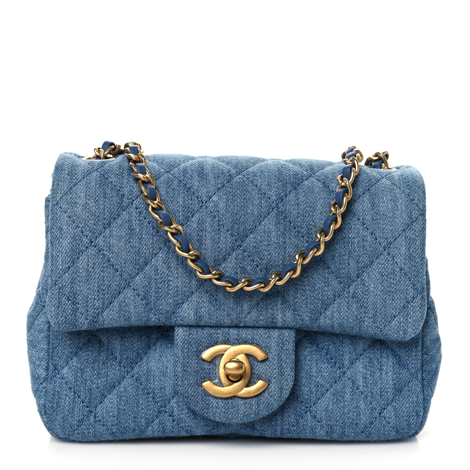 studio image of authentic chanel mini square flap FASHIONPHILE