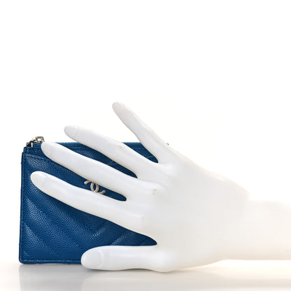 Chanel Caviar Chevron Quilted CC Zip Card Holder Blue 2 of 10