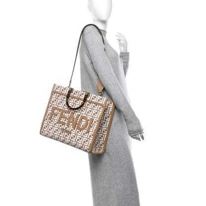 Fendi Woven Fabric Calfskin FF Medium Fendi Sunshine Shopper Tote Natural White Dark Honey 2 of 11