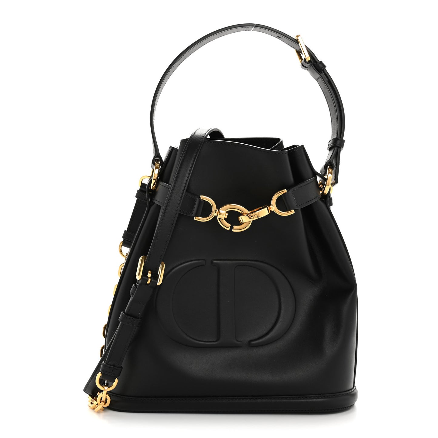 Calfskin CD Embossed Medium C'est Chain Bucket Bag Black