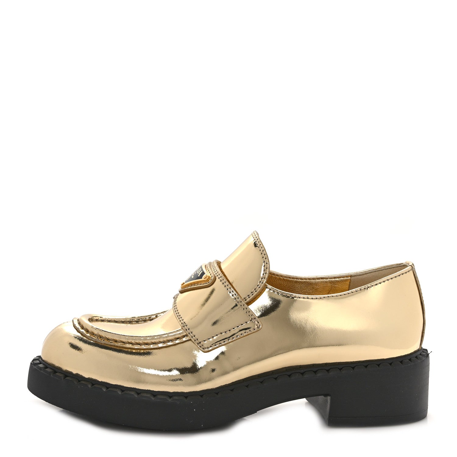 Prada Metallic Brushed Calfskin Metal Triangle Logo 50mm Loafers 36 Platino 1 of 7