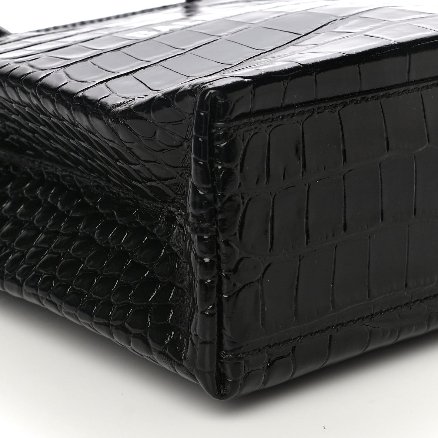Shiny Calfskin Logo Crocodile Embossed North South Shopper Tote XXS Black White