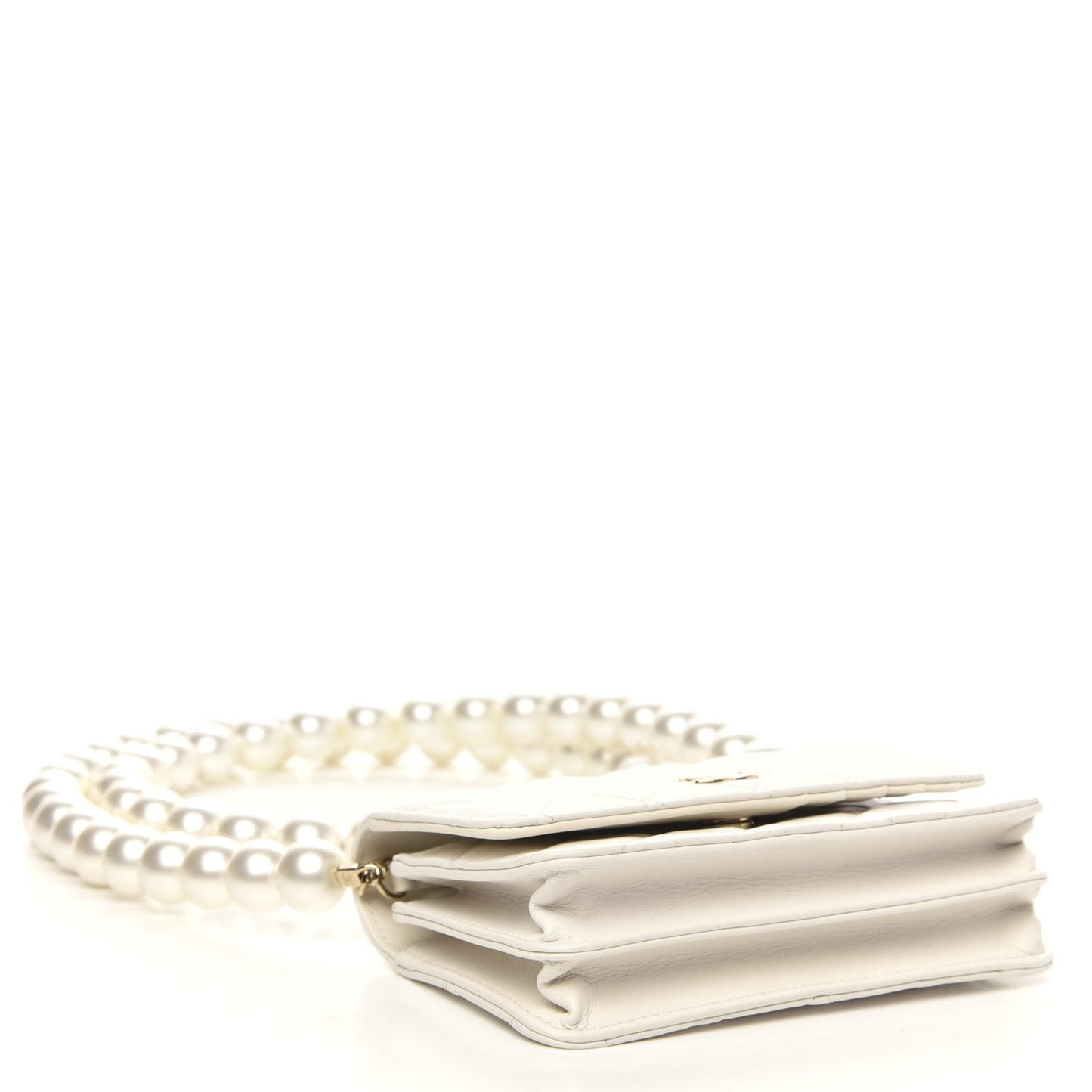 Calfskin Quilted CC Pearl Mini Wallet On Chain Flap White