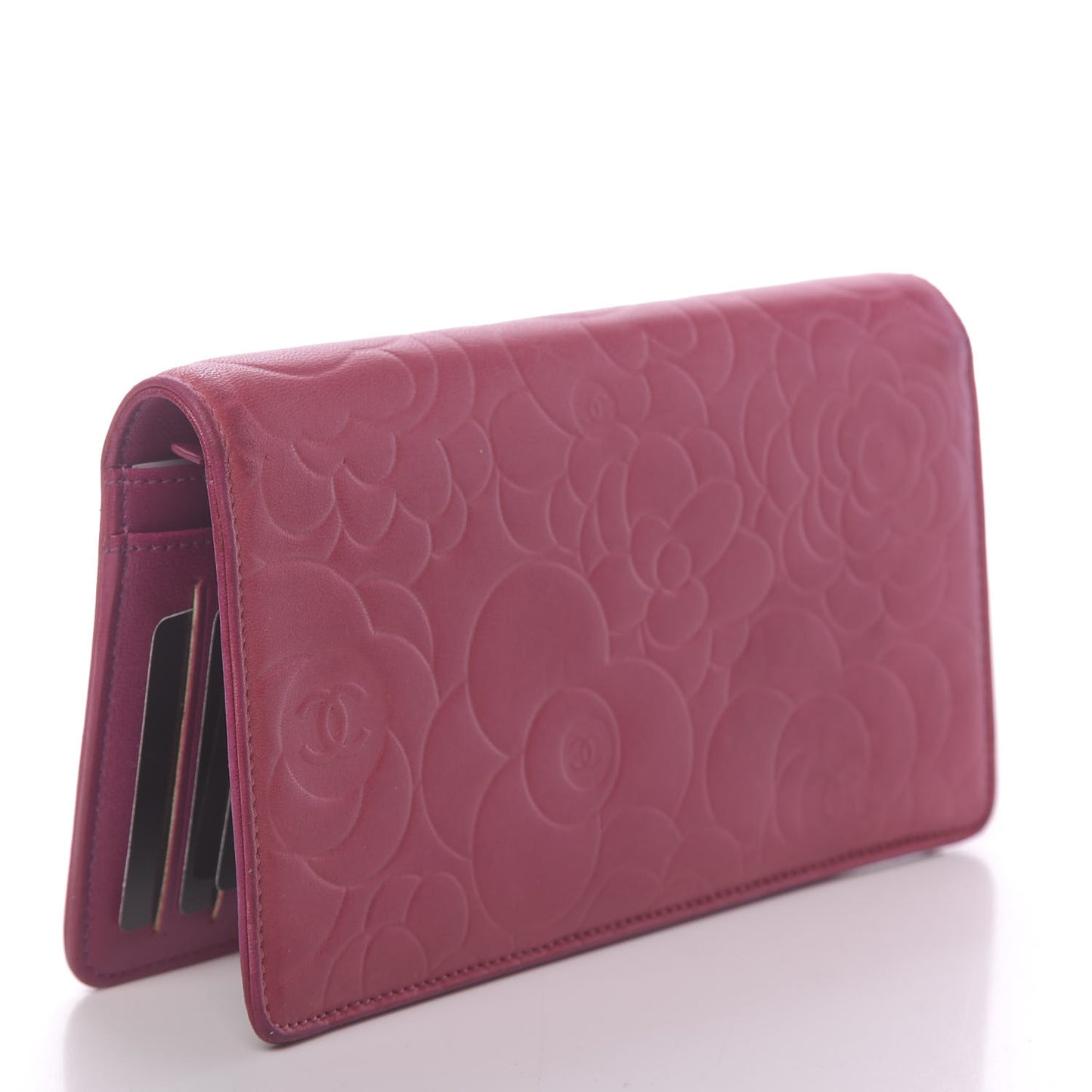 Lambskin Camellia Embossed Yen Wallet Fuchsia