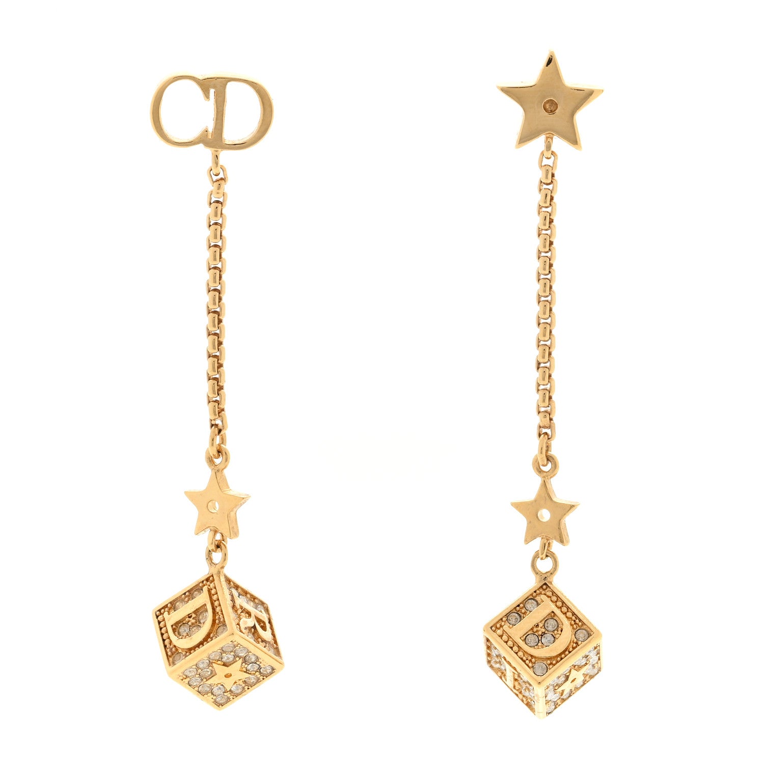 Christian Dior Metal Crystal Lucky Square Drop Earrings Gold 1 of 3