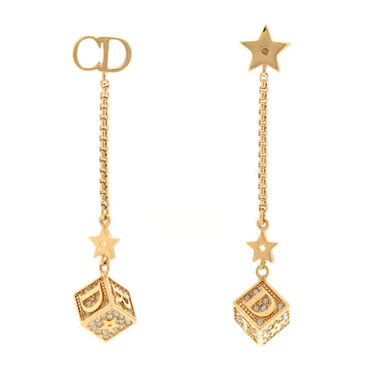 Christian Dior Metal Crystal Lucky Square Drop Earrings Gold 1 of 3