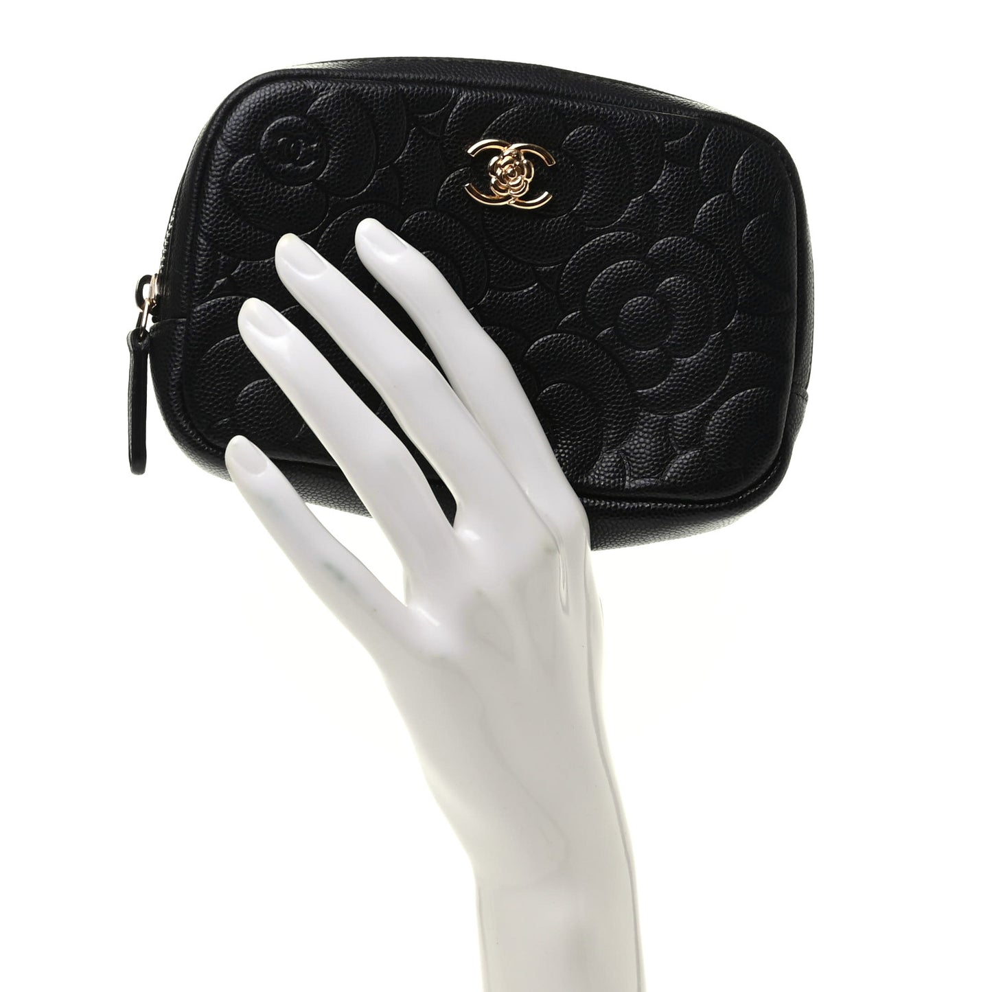 Caviar Camellia Embossed Small Cosmetic Case Black