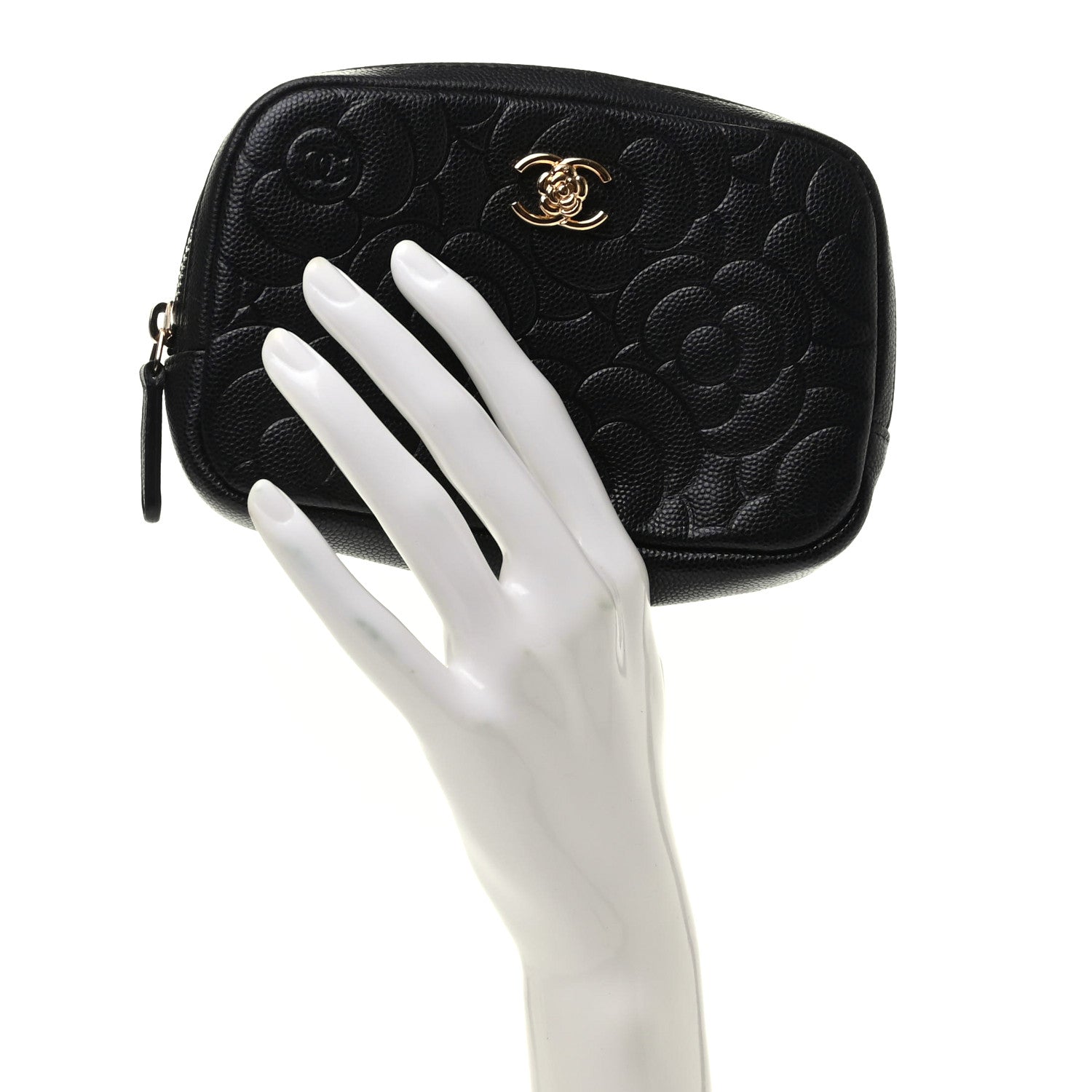 Chanel Caviar Camellia Embossed Small Cosmetic Case Black 2 of 8